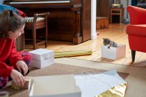 Mujer joven sentada en el piso de la sala de estar envolviendo regalos y mirando gato - foto de stock