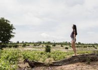 Vista a distanza di Giovane turista di sesso femminile guardando fuori al Parco Nazionale Chobe, Botswana, Africa — Foto stock