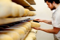 Сыр производитель чистки плесени от твердых сыров вручную — стоковое фото