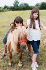 Retrato de duas meninas com pônei em campo — Fotografia de Stock