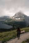 Rear view of woman standing near Hidden lake, Ficcier National Park, Montana, USA — стоковое фото