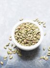 Close up of pumpkin seeds in bowl — Stock Photo