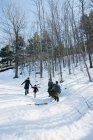 Vista posteriore della famiglia che cammina sulla neve — Foto stock