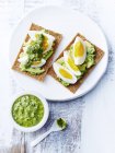 Salsa verde, eggs, avocado, rye crackers — Stock Photo