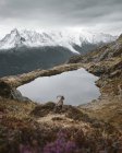 Ibex by lake on hilltop, Chamonix, Rhone-Alpes, Francia - foto de stock