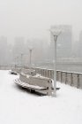 Leere Kaje mit Bänken im Winter, New York, USA — Stockfoto