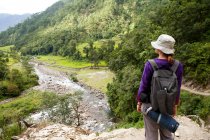Вид сзади на женщину-туриста, смотрящую на долину — стоковое фото