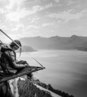 Woman on portaledge, Tantalus Wall, The Chief, Squamish, Canada — Stock Photo