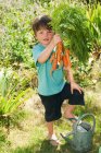 Rapaz segurando um monte de cenouras caseiras — Fotografia de Stock