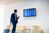 Businessman with wheeled luggage checking departure board — Stock Photo