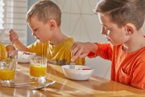 Dois meninos sentados na mesa da cozinha, tomando café da manhã. — Fotografia de Stock