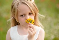 Portrait of young girl with blond hair in a meadow, smelling yellow wild flowers. — Stock Photo