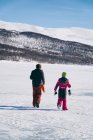 Vista trasera de dos niños caminando sobre un lago congelado en Vasterbottens Lan, Suecia. - foto de stock