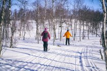 Couple cross-country skiing in Vasterbottens Lan, Sweden. — Stock Photo