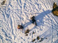 High angle view of two cross-country skiers in Vasterbottens Lan, Sweden. — Stock Photo