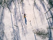 Vue en angle élevé du paysage enneigé et des skieurs à Vasterbottens Lan, Suède — Photo de stock