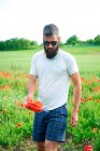 Бородатый мужчина в солнечных очках собирает красные маки на лугу — стоковое фото