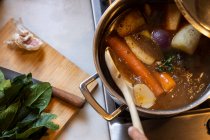High angle close up of pot of vegetable stew. — Stock Photo