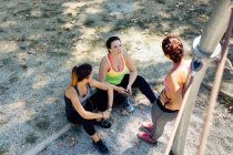 Друзья отдыхают от упражнений в парке, смотрят крупным планом — стоковое фото