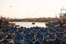 Vue en angle élevé de petits bateaux de pêche amarrés au port, Essaou — Photo de stock