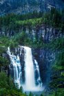 Skjervsfossen Wasserfall umgeben von Kiefernwald und riesigen Klippen — Stockfoto