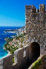 Elevated view of coast and Castle of Roquebrune, Roquebrune, France — стоковое фото