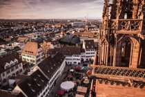 Munster church spire and high angle view of Christmas market, Ba — Stock Photo