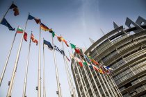 Flaggen der Mitgliedsstaaten, im Hintergrund das Europäische Parlament, Straßburg — Stockfoto