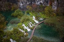 Ponte con vista ad alto angolo e cascata, Parco nazionale di Plitvice, Cr — Foto stock