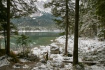 Paisagem nevada com florestas ao redor do Lago Eibsee, Zugspitze, Bava — Fotografia de Stock