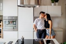 Молодая лесбийская пара, стоящая на кухне и целующаяся. — стоковое фото