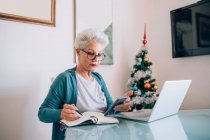 Frau arbeitet von zu Hause aus, Weihnachtsbaum im Hintergrund — Stockfoto