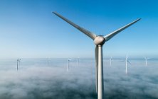 Turbinas eólicas marinas situadas en la niebla del interior de IJsselmeer - foto de stock