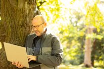Man working on laptop in park — Stock Photo