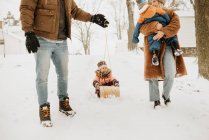 Канада, Онтаріо, батьки з дітьми (12-17 місяців, 2-3) на зимових прогулянках. — стокове фото