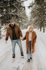Canada, Ontario, Coppia sorridente che si tiene per mano nella passeggiata invernale — Foto stock