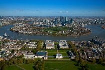 UK, London, Aerial view of Greenwich and Isle of Dogs — стокове фото