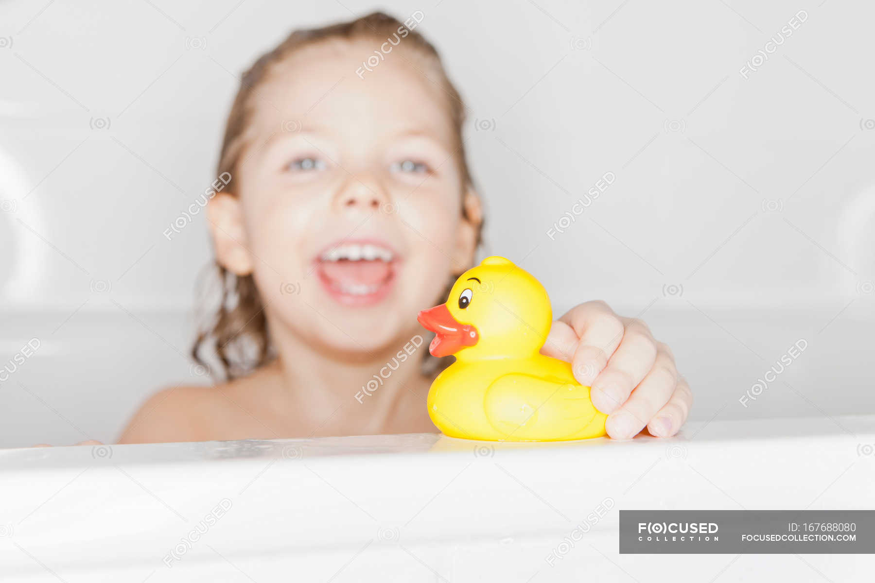 Girl Playing With Rubber Duck In Bath, Rubber Duck Bathtub