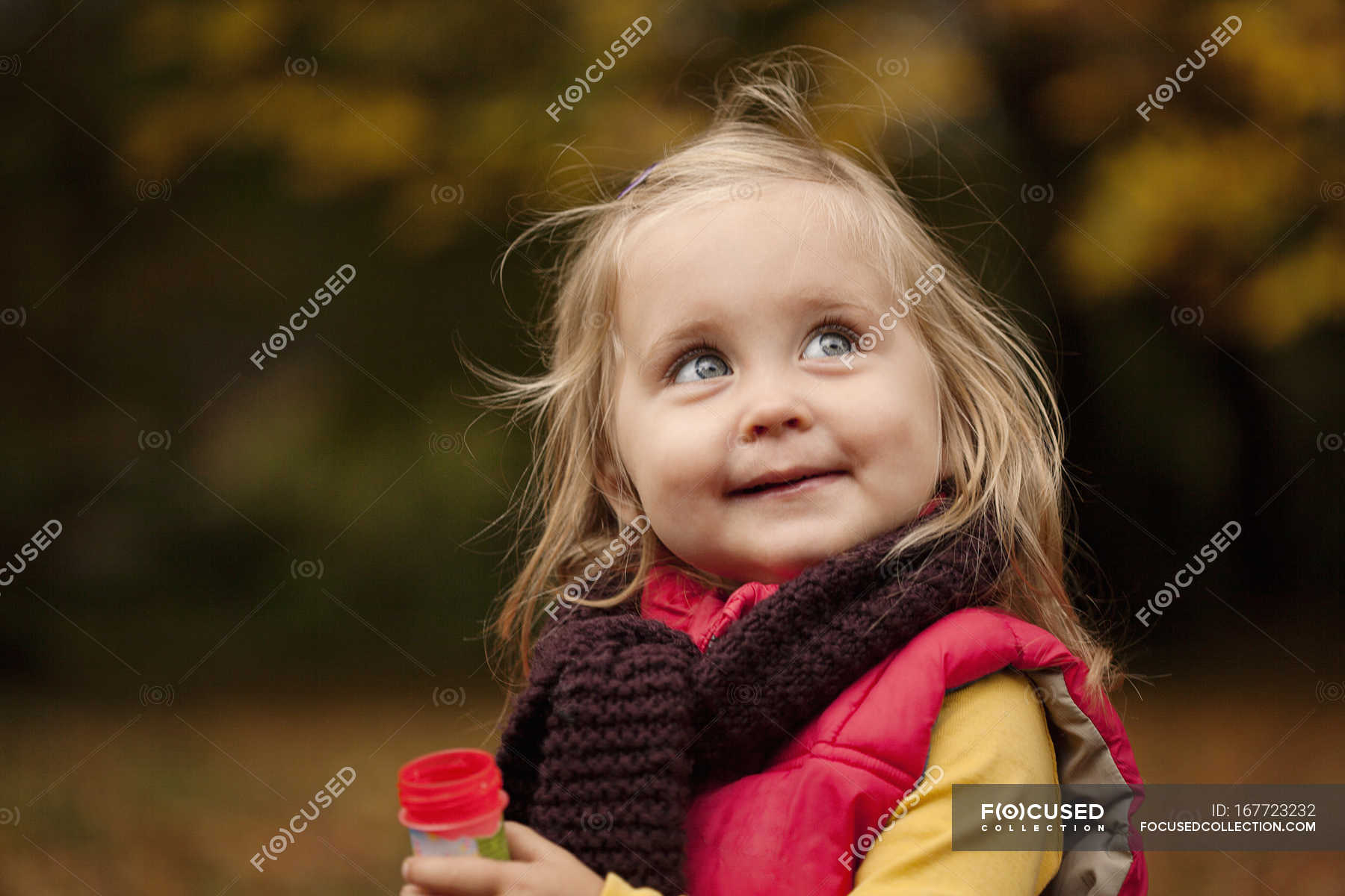 Little girl with blonde hair, portrait — bodywarmer, childhood - Stock  Photo | #167723232