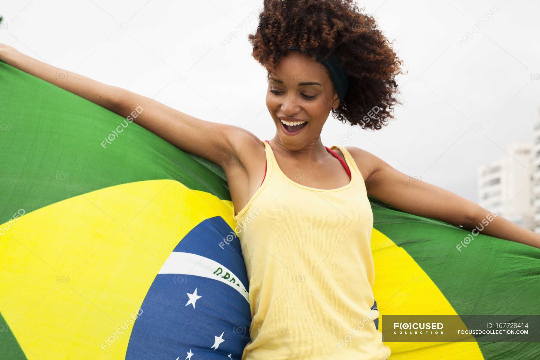 Young Woman Dancing With Brazilian Flag On Ipanema Beach Rio De Janeiro Brazil Pride Vitality Stock Photo 167728414