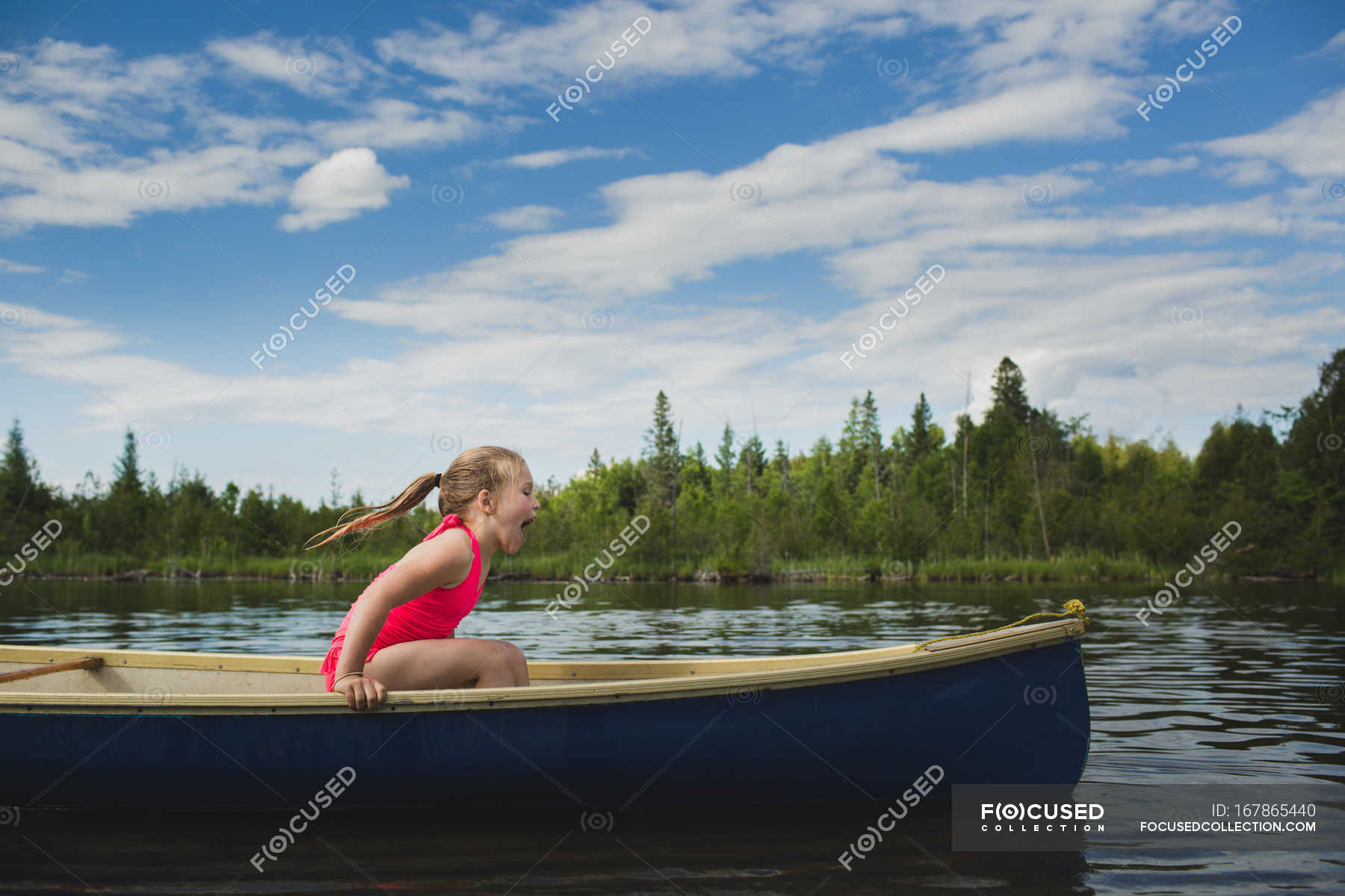 Excited Girl Sitting In Canoe On Indian River Ontario Canada — Swimming Costume Female