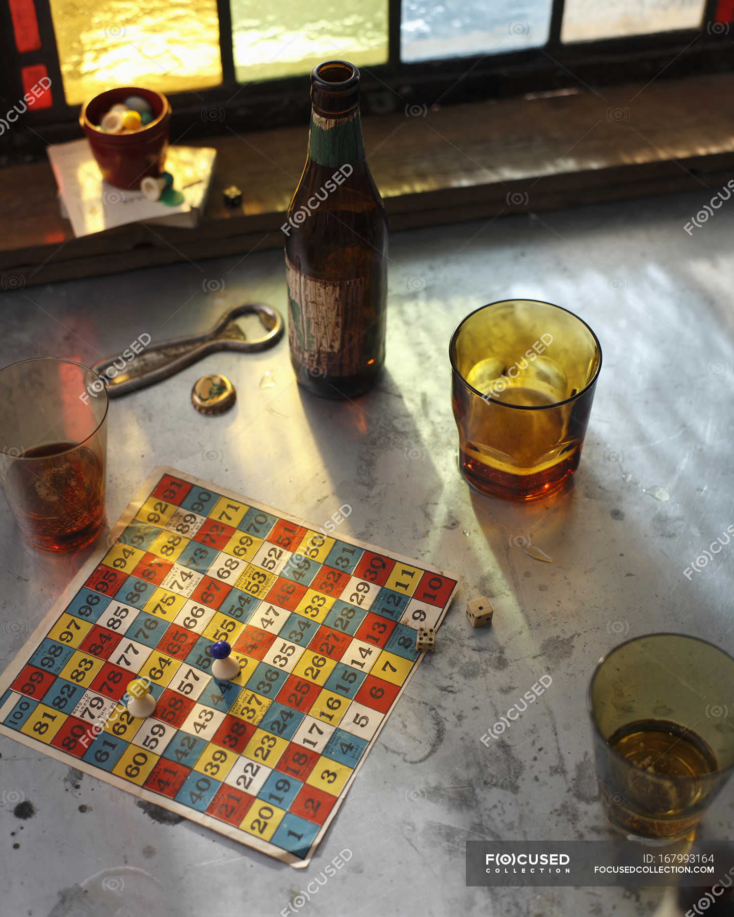 Beer bottles and game board - Arcata, California Stock Photo - Alamy