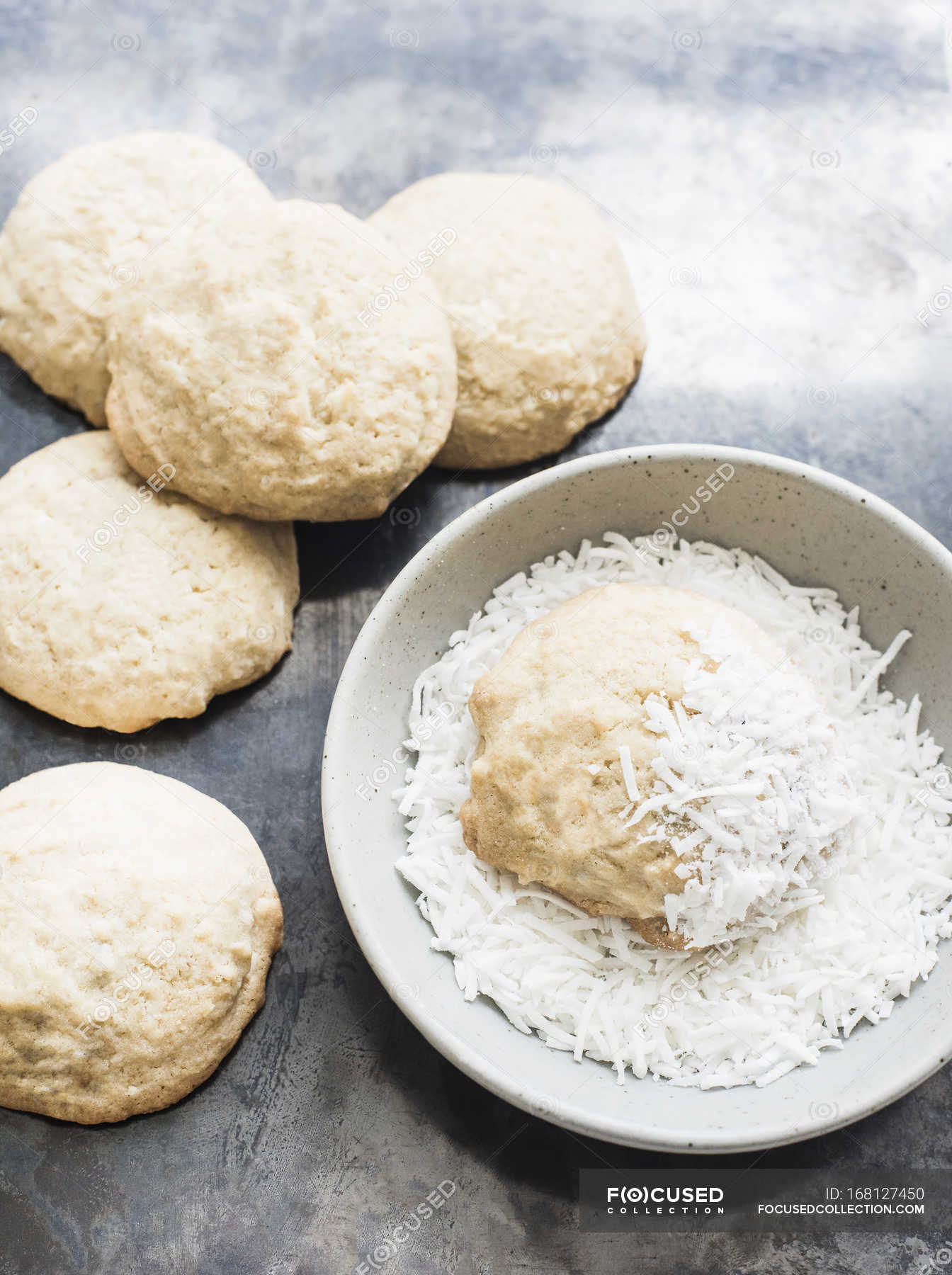 Cookies dipped in coconut flakes — coconut shrims, pastry Stock Photo