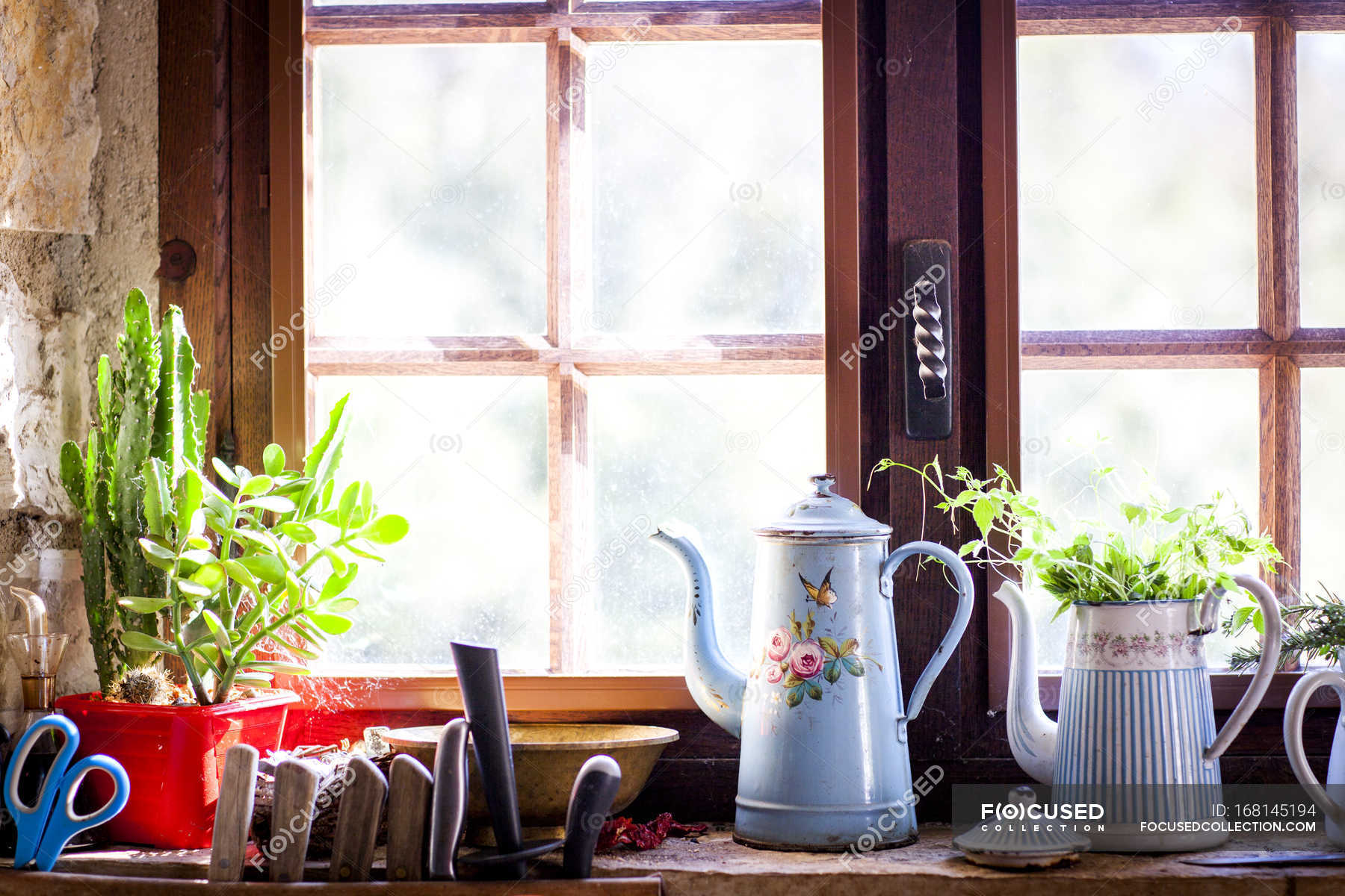 Rustic Coffee Pots And Pot Plants On Kitchen Windowsill Organic Rustic Coffee Pots And Pot Plants On Kitchen Windowsill Organic