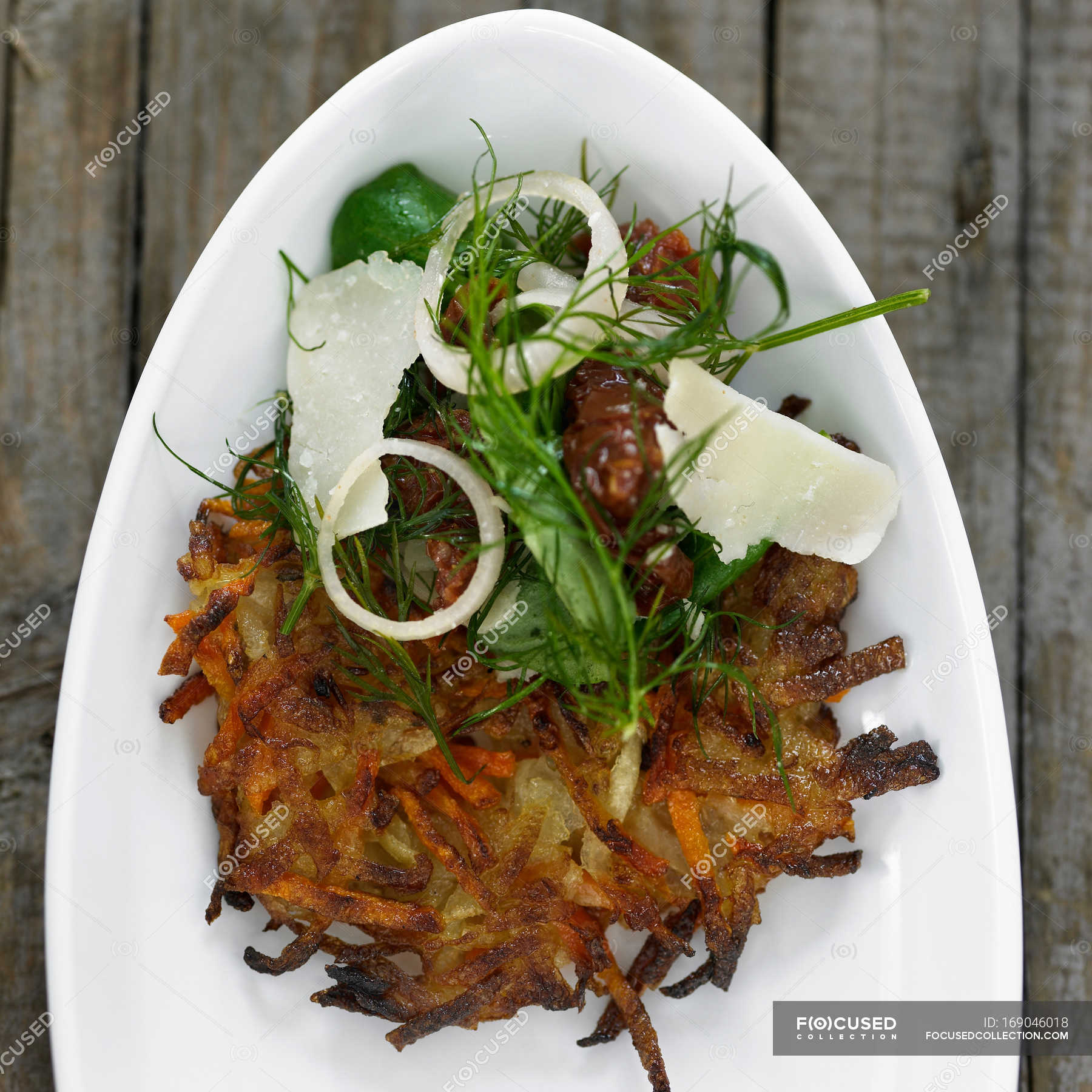 Potato Pancake With Toppings — Tray Fried Stock Photo 169046018