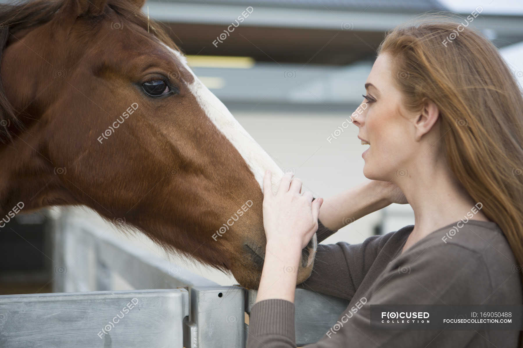 Female stablehand petting chestnut horse in stables — blond hair