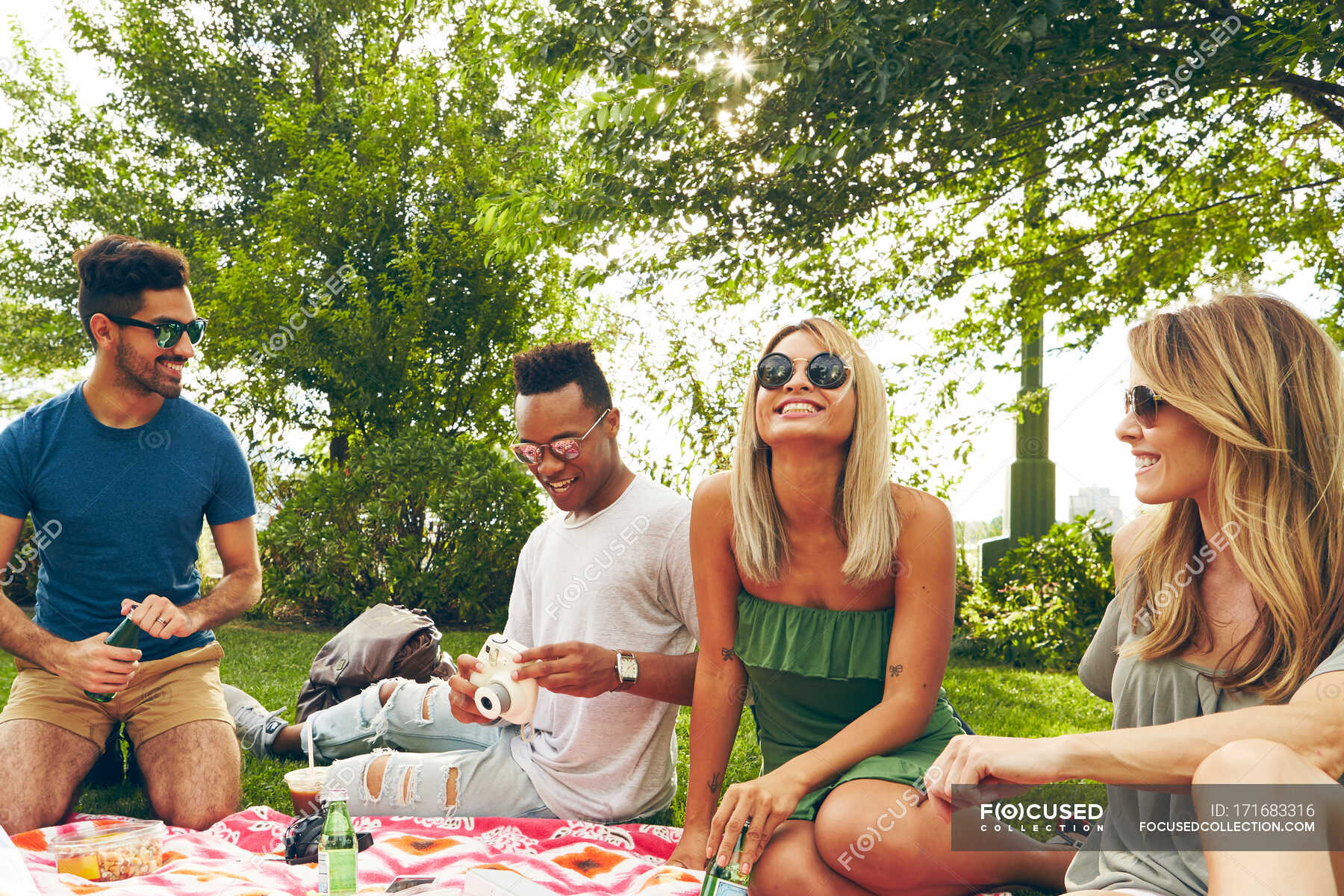 Five adult friends picnicking in park — 35 to 39 years, diversity