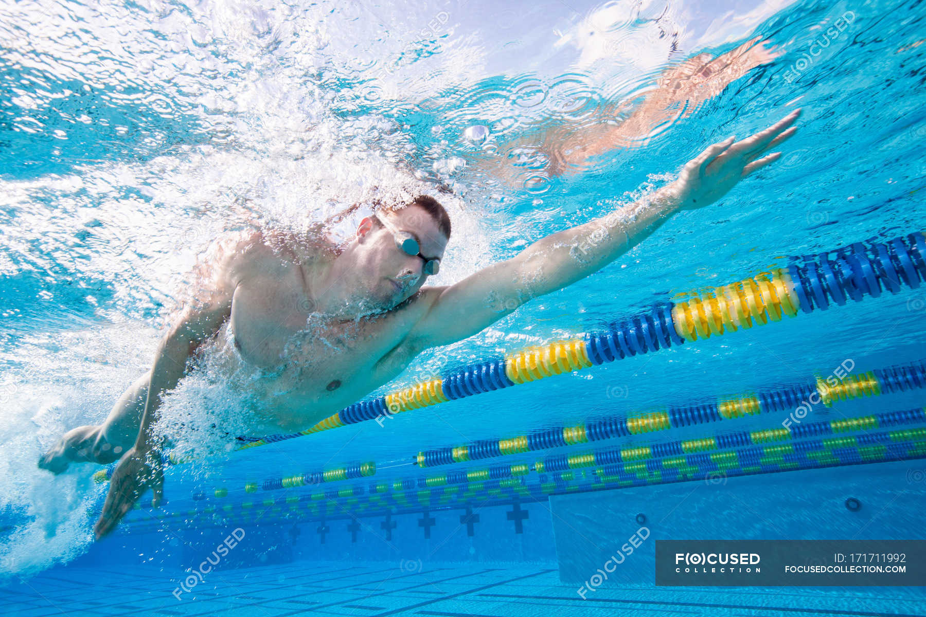 Olympic Sportsman Training In Pool Underwater — Swimming Lane Exhaling