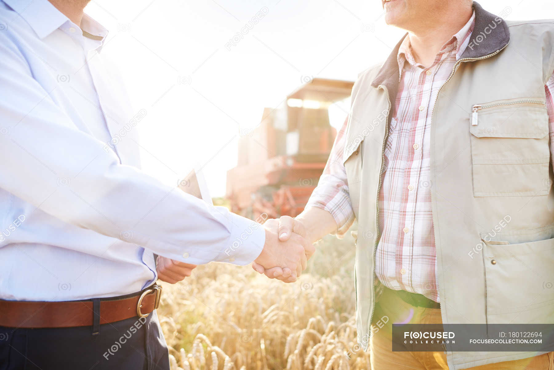 Cropped view of farmer and businessman in wheat field shaking hands ...