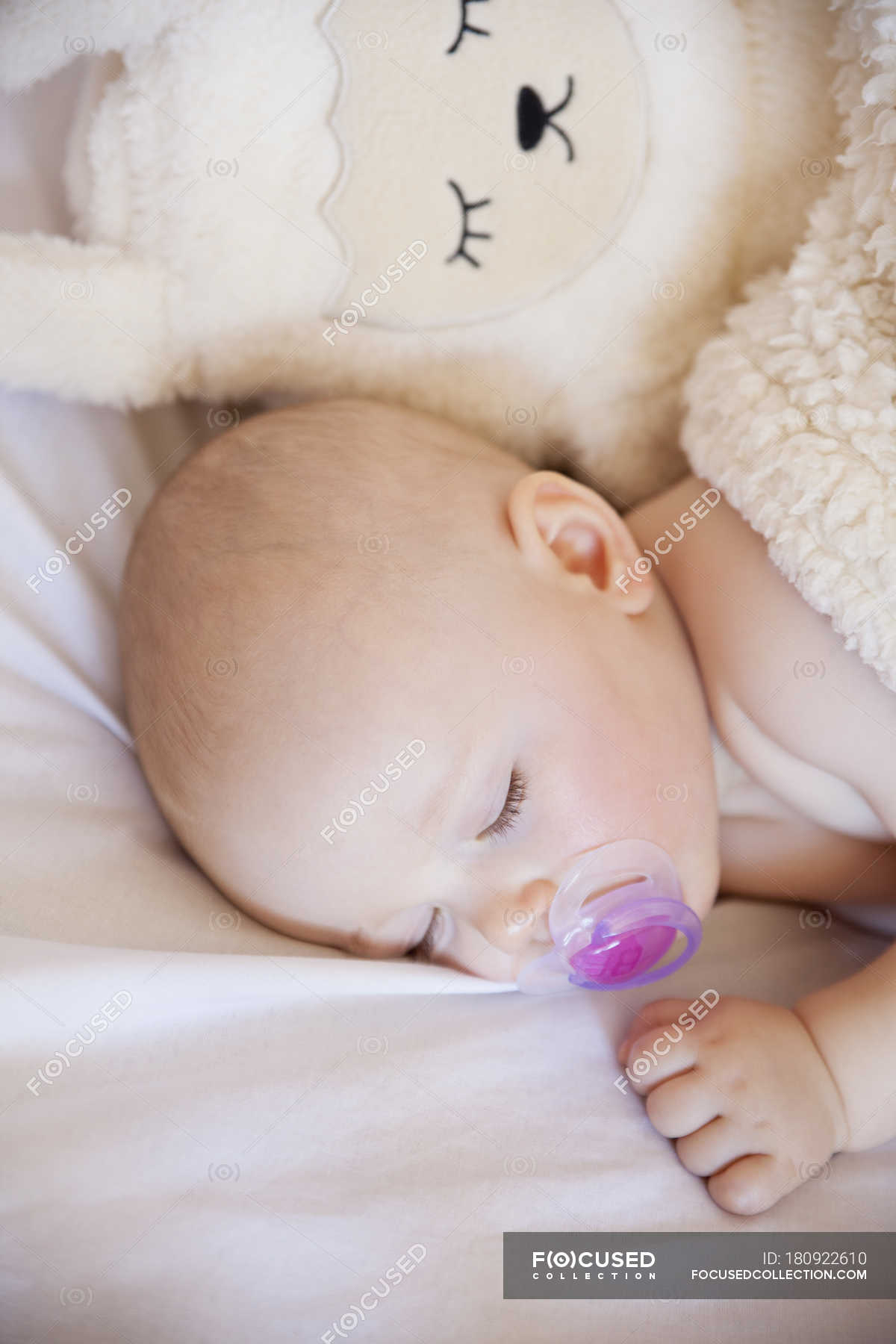 Baby Girl Sleeping In Crib With Cuddly Toy Side View Real